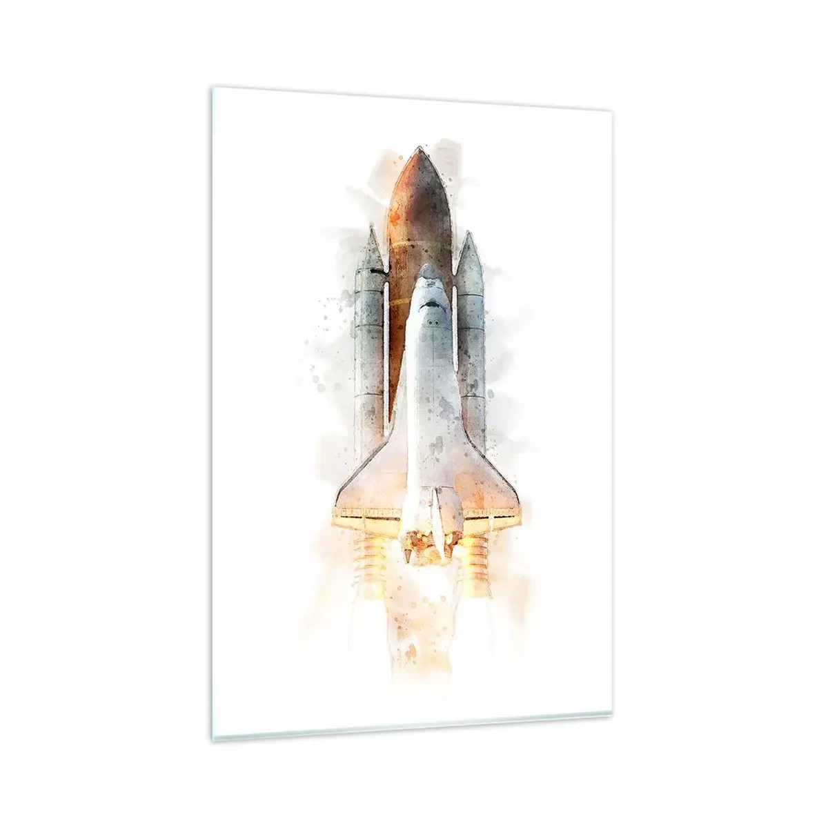 Cuadro sobre vidrio - Impresiones sobre Vidrio - Una interpretación artística en acuarela de un transbordador espacial despegando. - 80x120cm - El comienzo de la exploración - Decoración de pared moderna para salón y dormitorio ARTTOR