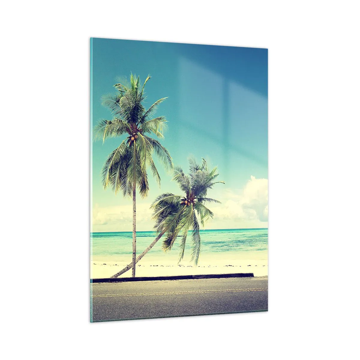 Cuadro sobre vidrio - Impresiones sobre Vidrio - Una playa con palmeras y una furgoneta retro rosa junto al mar. - 50x70cm - Comienzan las vacaciones - Decoración de pared moderna para salón y dormitorio ARTTOR