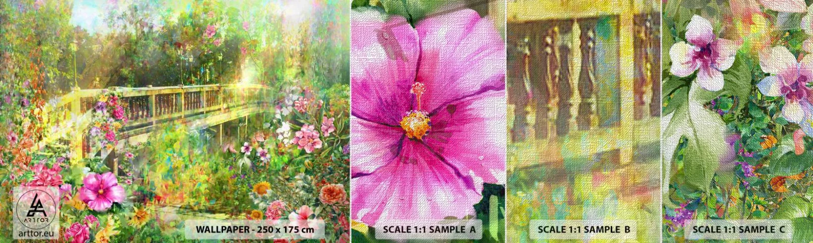 Muestra de fotomural Premium Canvas - Un puente de suspiros de primavera - Paisaje, flores, Jardín - 100x30 cm