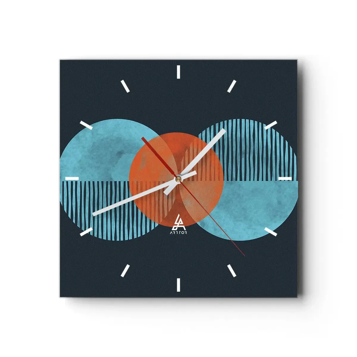 Reloj de pared - Reloj de vidrio - Círculos geométricos en tonos azules y naranjas. - 30x30cm - Composición simétrica - Decoración de pared moderna para salón y dormitorio ARTTOR