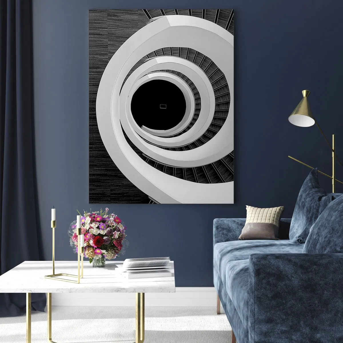 Cuadro sobre vidrio - Impresiones sobre Vidrio - Escalera de caracol en blanco y negro desde arriba - 50x70cm - Hacia el origen - Decoración de pared moderna para salón y dormitorio ARTTOR
