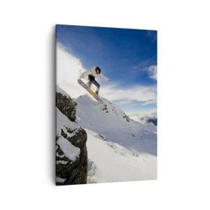 Cuadro sobre lienzo - Impresión de Imagen - Un snowboarder salta desde un acantilado con montañas cubiertas de nieve al fondo. - 50x70cm - Libertad sin fronteras - Decoración de pared moderna para salón y dormitorio ARTTOR