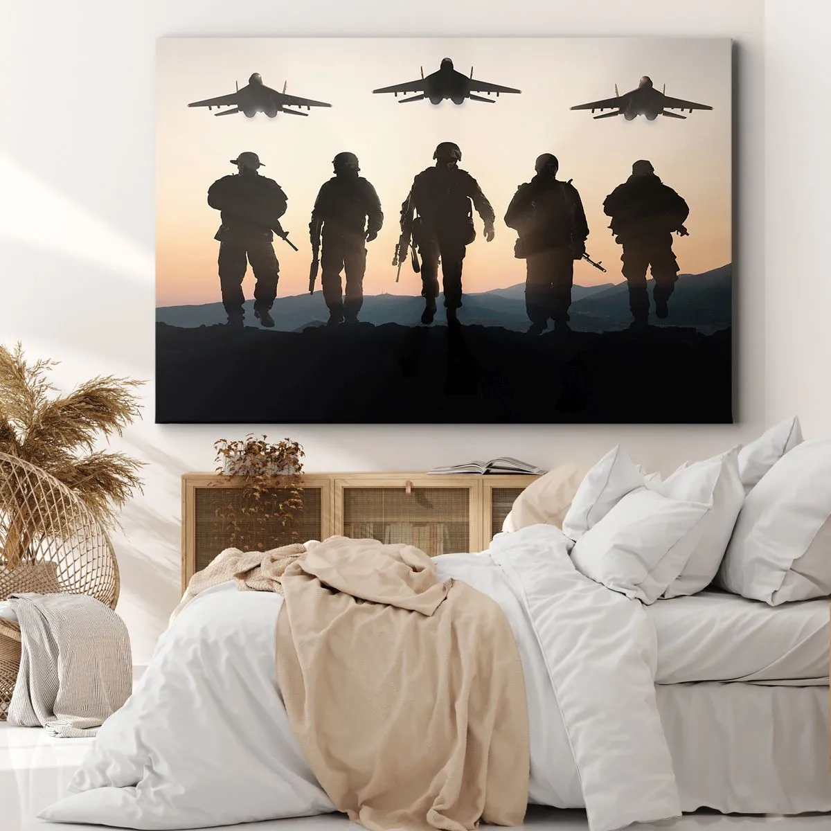 Cuadro sobre lienzo - Impresión de Imagen - Siluetas de soldados y aviones de combate contra el fondo del atardecer. - 70x50cm - Bienvenido a nuestro mundo - Decoración de pared moderna para salón y dormitorio ARTTOR