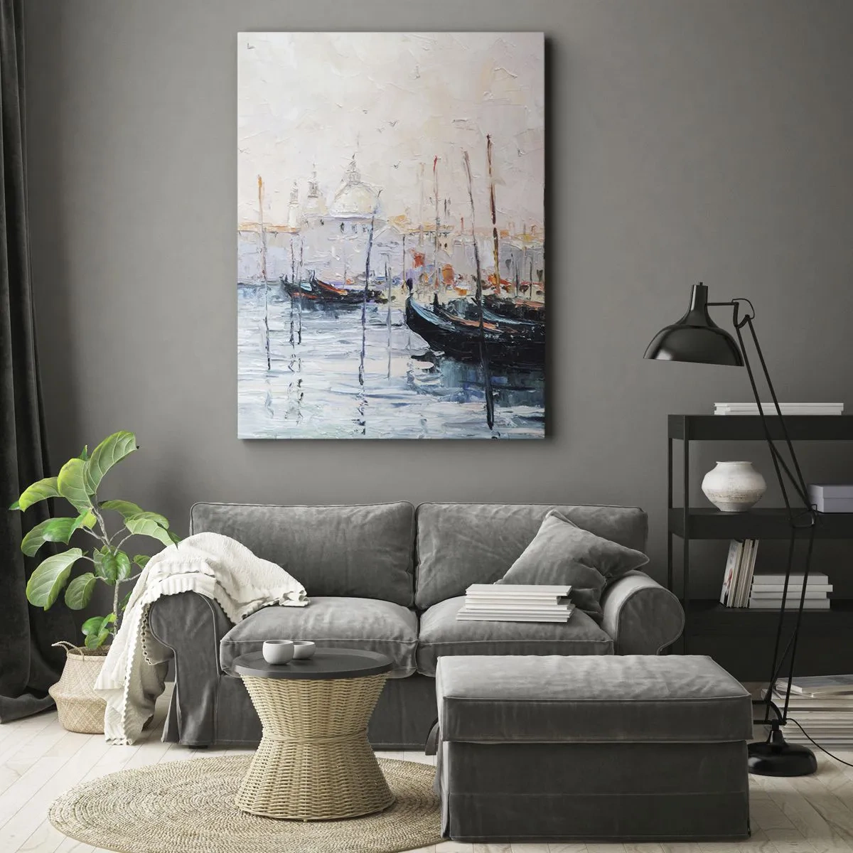 Cuadro sobre lienzo - Impresión de Imagen - Vista pintoresca de los canales con barcos de colores pastel. - 80x120cm - Más allá del agua, más allá de la niebla - Decoración de pared moderna para salón y dormitorio ARTTOR