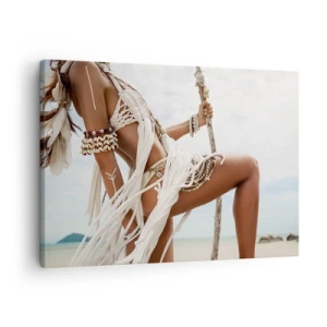 Cuadro sobre lienzo - Impresión de Imagen - Figura de una mujer con adornos y ropa étnica con el telón de fondo de un paisaje tropical. - 70x50cm - Sacerdotisa del sol - Decoración de pared moderna para salón y dormitorio ARTTOR