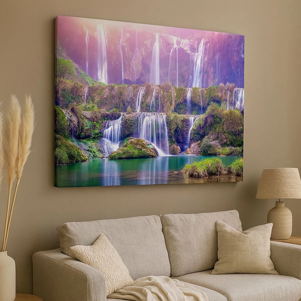 Cuadro sobre lienzo - Impresión de Imagen - Cascadas rodeadas de vegetación con iluminación pastel. - 70x50cm - Escalera al cielo - Decoración de pared moderna para salón y dormitorio ARTTOR