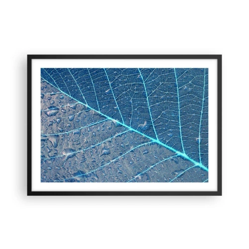 Póster en marco negro - Una hoja en tonos azules con gotas de agua. - 70x50cm - Vida en el azul - Decoración de pared moderna para salón y dormitorio ARTTOR