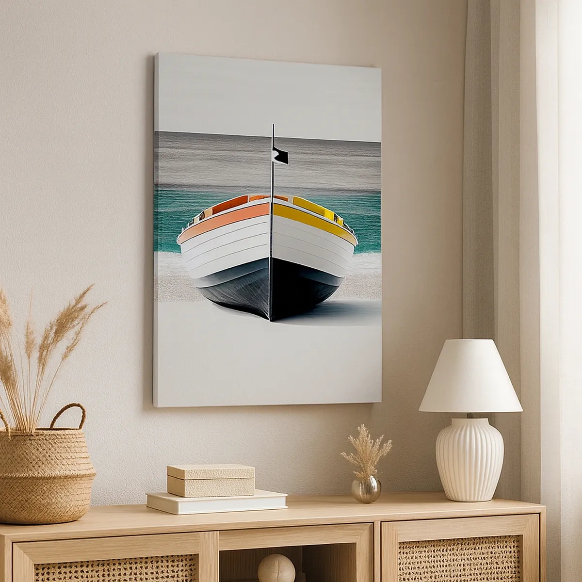 Cuadro sobre lienzo - Impresión de Imagen - Un barco en la playa con un mar turquesa al fondo. - 50x70cm - En su lugar exacto - Decoración de pared moderna para salón y dormitorio ARTTOR