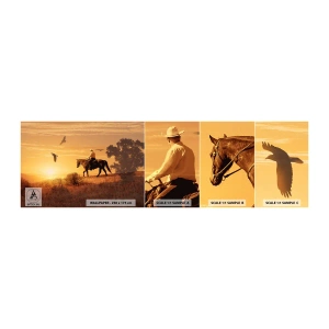 Muestra de fotomural autoadhesivo Deluxe Sticker - Solo a través de la pradera - Caballo, Vaquero, Paisaje - 100x30 cm