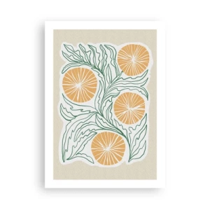 Póster - Composición abstracta de hojas y naranjas sobre un fondo beige. - 50x70cm - Étnico con un toque de abstracción - Decoración de pared moderna para salón y dormitorio ARTTOR