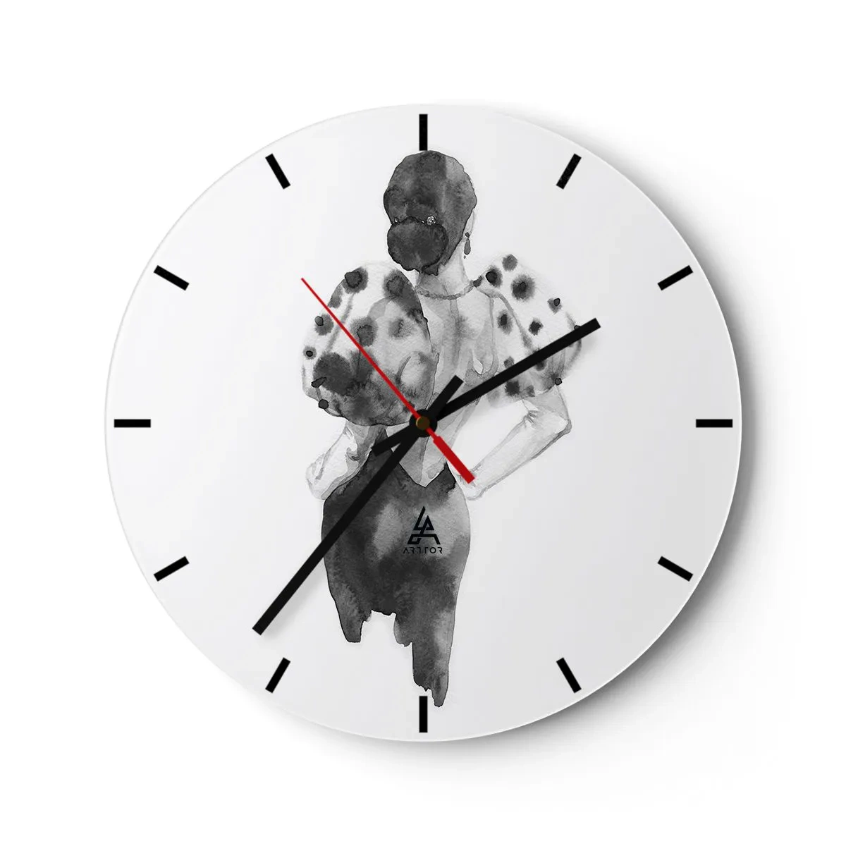 Reloj de pared - Reloj de vidrio - Ilustración en blanco y negro de una mujer con un vestido elegante. - 30x30cm - Pasa justo por aquí - Decoración de pared moderna para salón, cocina y dormitorio ARTTOR