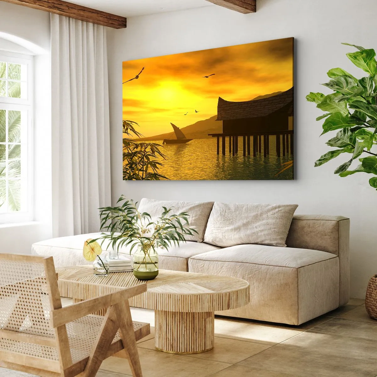 Cuadro sobre lienzo - Impresión de Imagen - Puesta de sol tropical sobre el agua con casa de madera sobre pilotes. - 120x80cm - La ansiada paz - Decoración de pared moderna para salón y dormitorio ARTTOR