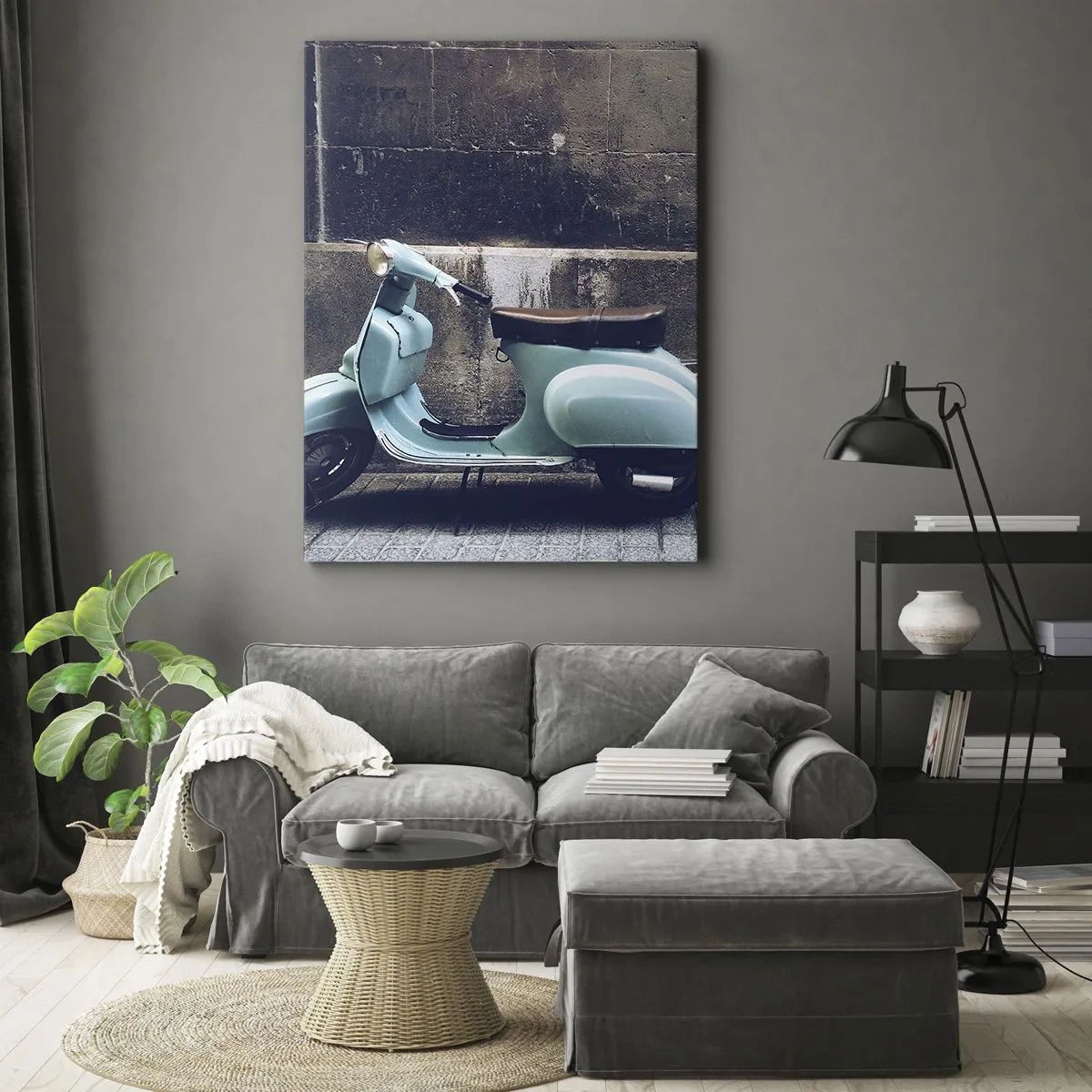 Cuadro sobre lienzo - Impresión de Imagen - Un scooter retro estacionado contra un muro de piedra. - 50x70cm - Momentos inolvidables - Decoración de pared moderna para salón y dormitorio ARTTOR