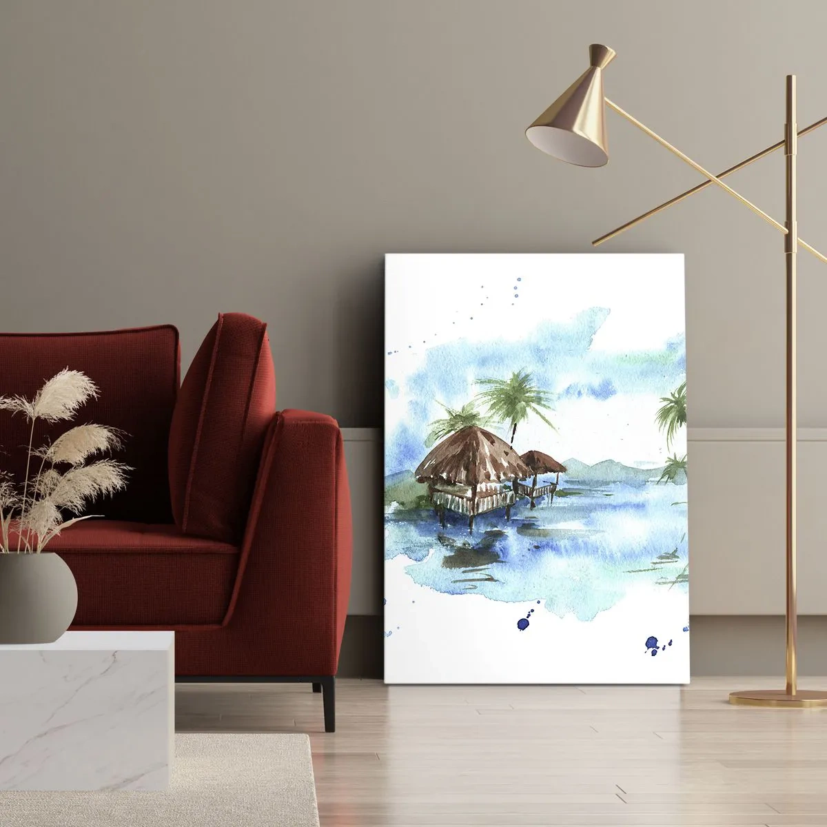 Cuadro sobre lienzo - Impresión de Imagen - Pintura de acuarela de un paisaje tropical con casas y palmeras. - 50x70cm - En algún lugar del Pacífico - Decoración de pared moderna para salón y dormitorio ARTTOR