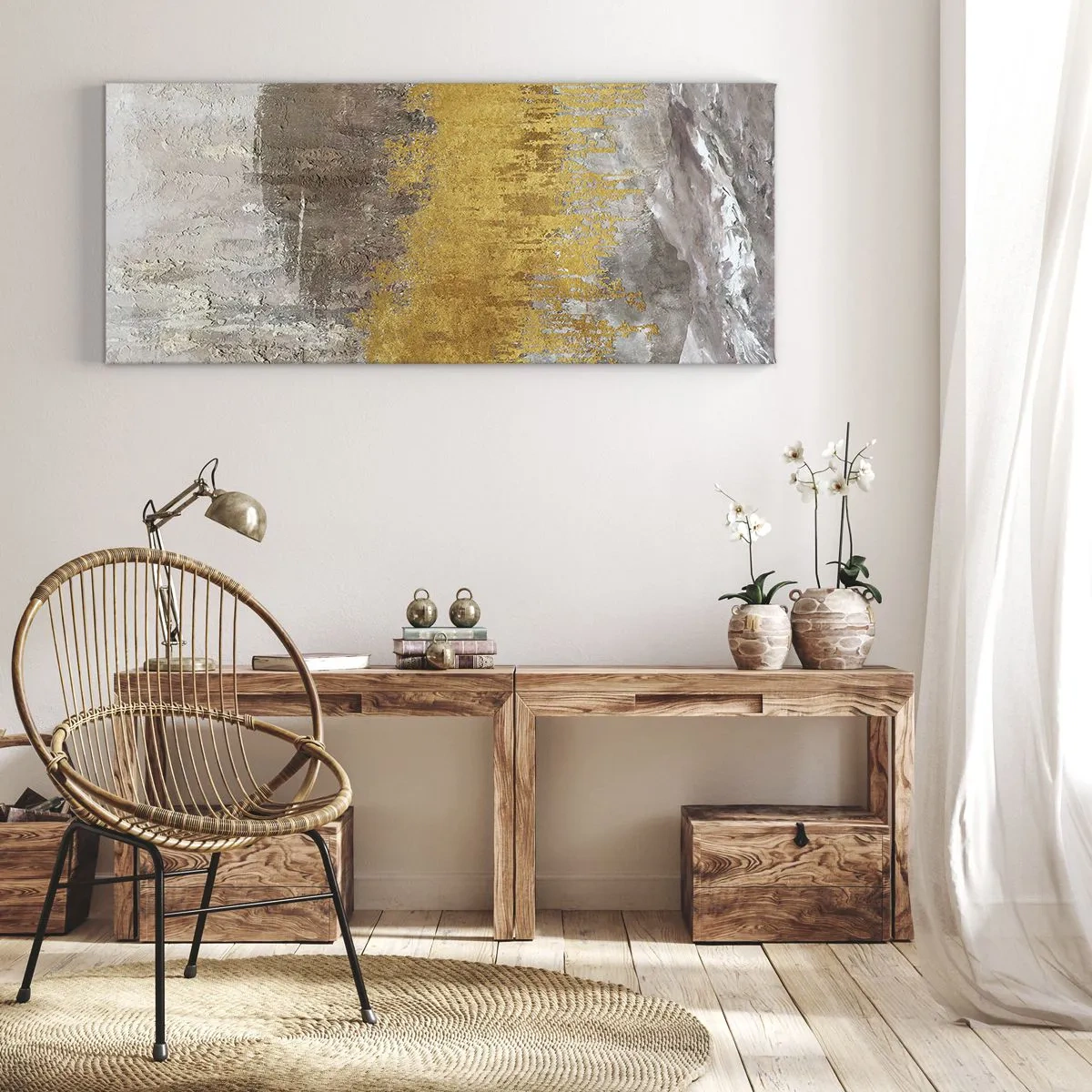 Cuadro sobre lienzo - Impresión de Imagen - Patrón abstracto dorado y beige - 140x50cm - Una ráfaga dorada - Decoración de pared moderna para salón y dormitorio ARTTOR