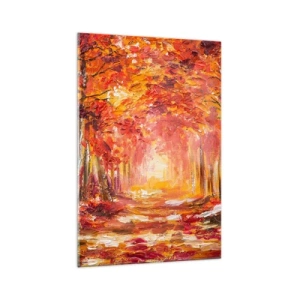 Cuadro sobre vidrio - Impresiones sobre Vidrio - Bosque otoñal en tonos cobre y dorado. - 70x100cm - Bosque de cobre - Decoración de pared moderna para salón y dormitorio ARTTOR