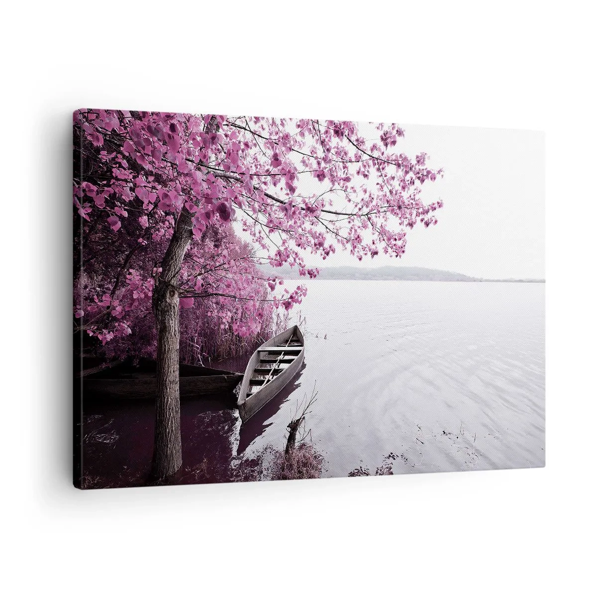 Cuadro sobre lienzo - Impresión de Imagen - Un barco en la orilla de un lago entre árboles rosados. - 70x50cm - En el silencio rosa - Decoración de pared moderna para salón y dormitorio ARTTOR