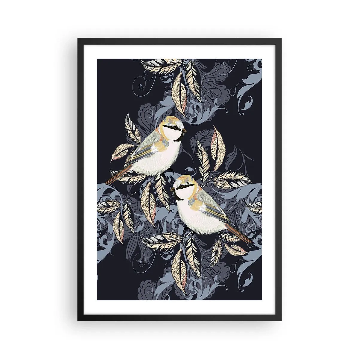 Póster en marco negro - Dos pájaros sobre un fondo de hojas decorativas y adornos. - 50x70cm - En la copa del árbol - Decoración de pared moderna para salón y dormitorio ARTTOR