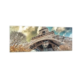 Cuadro sobre vidrio - Impresiones sobre Vidrio - La Torre Eiffel desde abajo en un entorno otoñal - 140x50cm - Y en París, en otoño... - Decoración de pared moderna para salón y dormitorio ARTTOR