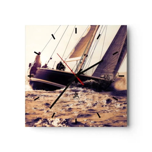 Reloj de pared - Reloj de vidrio - Un yate en un mar tempestuoso a la luz del sol poniente. - 30x30cm - Navega, marinero - Decoración de pared moderna para salón y dormitorio ARTTOR