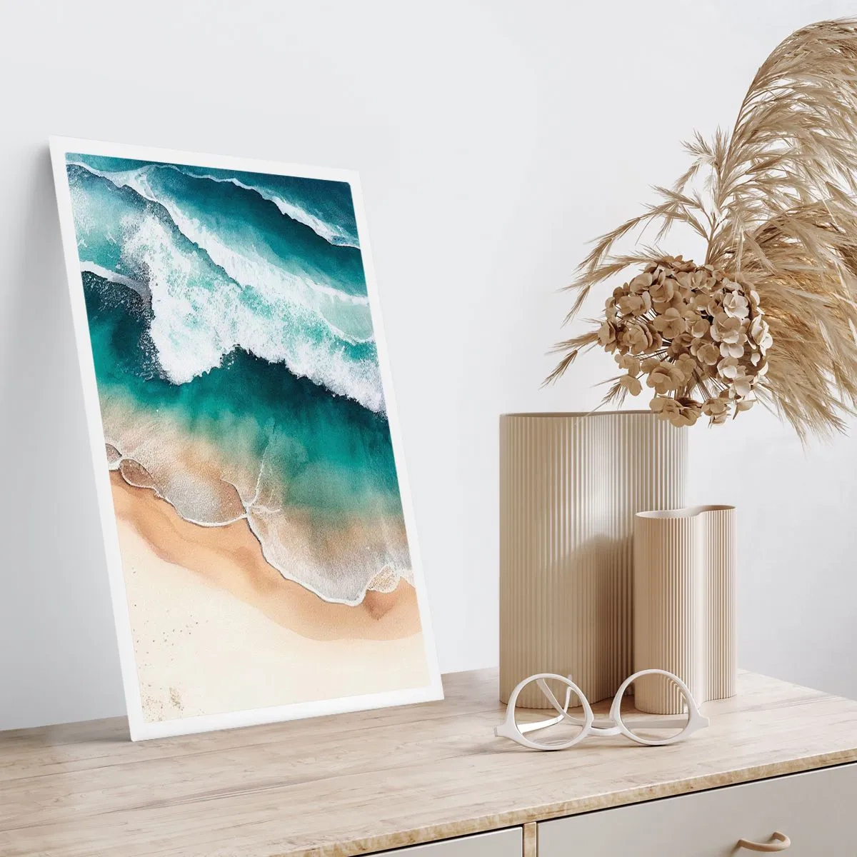 Póster - Olas del mar rompiendo en la playa - 50x70cm - Un encuentro eterno - Decoración de pared moderna para salón y dormitorio ARTTOR