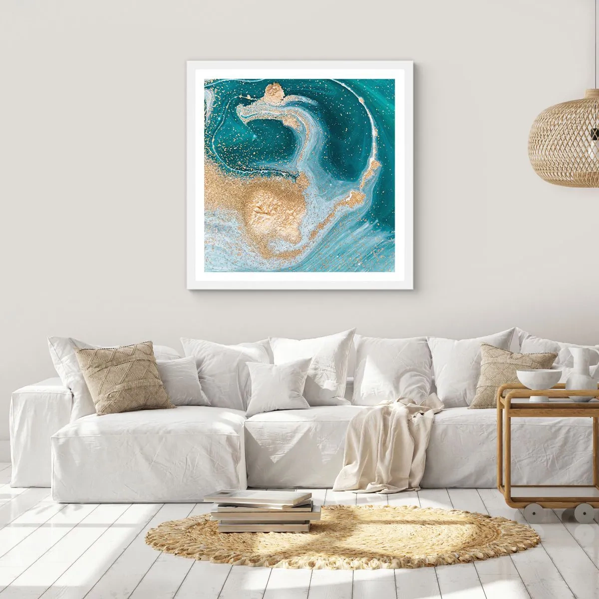 Póster en marco blanco - Un remolino de oro y turquesa - 50x50 cm