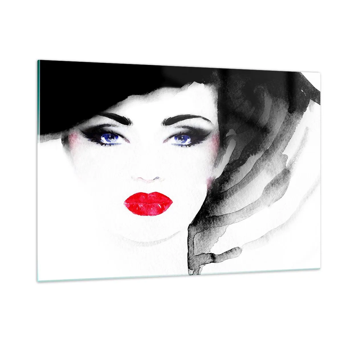 Cuadro sobre vidrio - Impresiones sobre Vidrio - Retrato de una mujer con labios rojos expresivos y un sombrero negro. - 120x80cm - Lenguaje no verbal - Decoración de pared moderna para salón y dormitorio ARTTOR