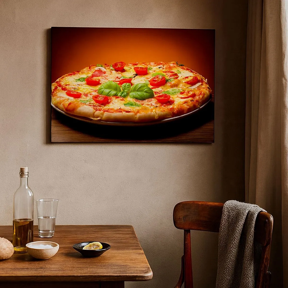 Cuadro sobre lienzo - Impresión de Imagen - Pizza con tomates y albahaca sobre una mesa de madera. - 70x50cm - ¡Mamma mia! - Decoración de pared moderna para salón y dormitorio ARTTOR