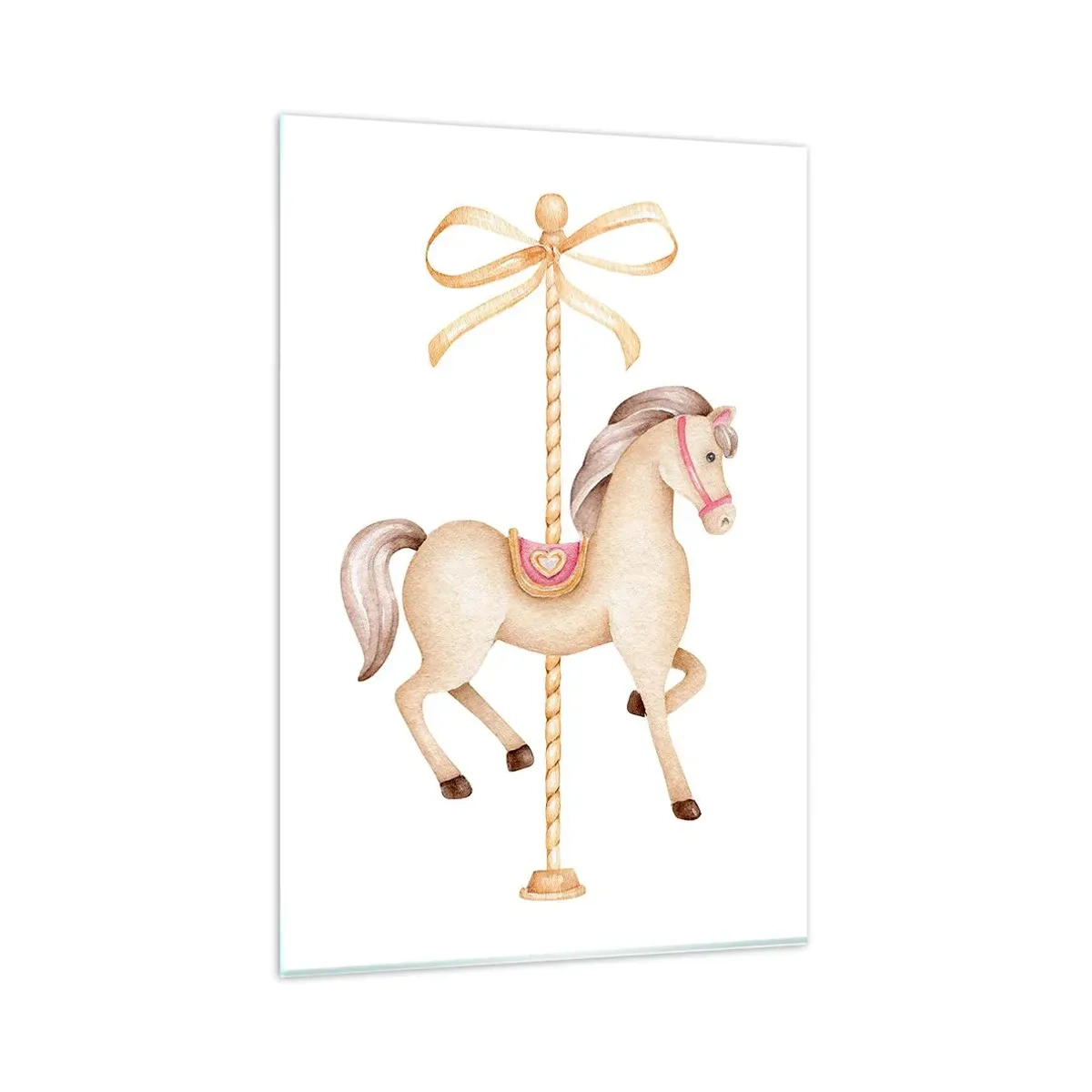 Cuadro sobre vidrio - Impresiones sobre Vidrio - Un caballo de carrusel con un arco en delicados pasteles. - 80x120cm - Al trote grácil - Decoración de pared moderna para salón y dormitorio ARTTOR