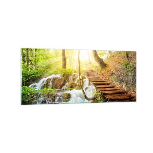 Cuadro sobre vidrio - Impresiones sobre Vidrio - Camino forestal con escaleras de madera junto a la cascada. - 120x50cm - El ansiado frescor - Decoración de pared moderna para salón y dormitorio ARTTOR