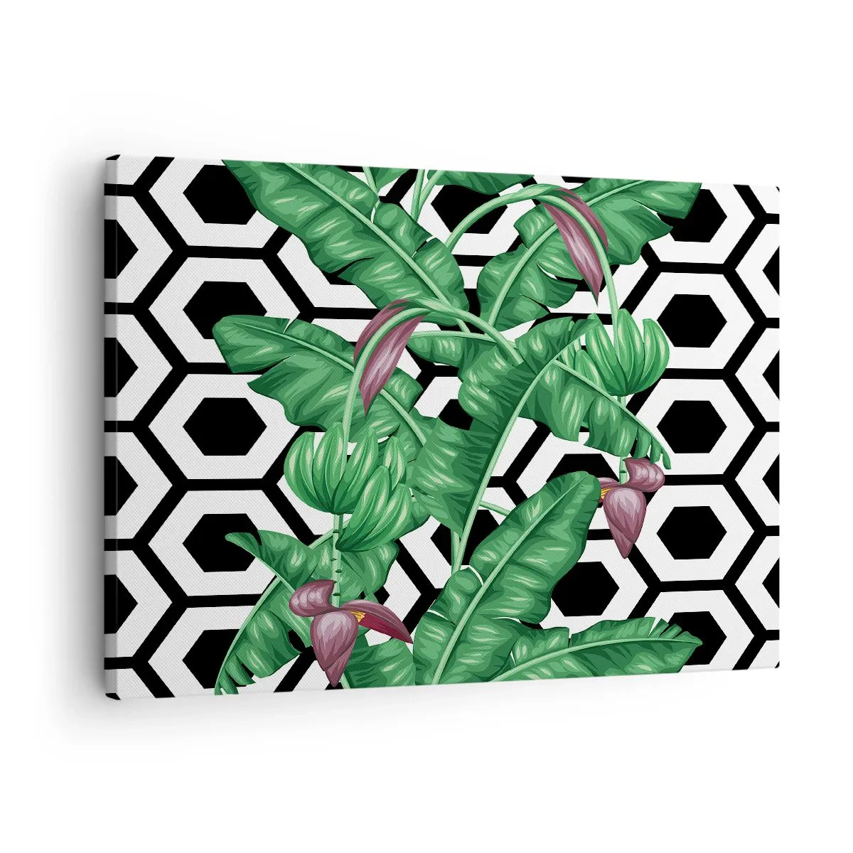 Cuadro sobre lienzo - Impresión de Imagen - Hojas tropicales sobre un fondo geométrico. - 70x50cm - Composición simétrica de la naturaleza - Decoración de pared moderna para salón y dormitorio ARTTOR