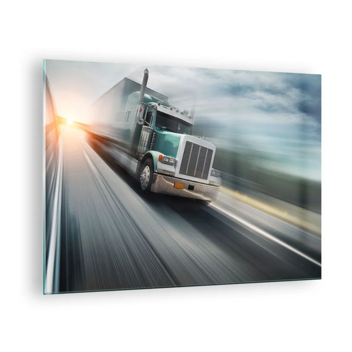 Cuadro sobre vidrio - Impresiones sobre Vidrio - Camión en la carretera al atardecer - 70x50cm - Un gigante norteamericano en apuros - Decoración de pared moderna para salón y dormitorio ARTTOR