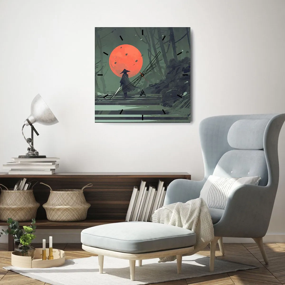 Reloj de pared - Reloj de vidrio - Un guerrero solitario con una espada contra el fondo de una luna roja en un bosque oscuro. - 30x30cm - Guerrero de la luna roja - Decoración de pared moderna para salón y dormitorio ARTTOR