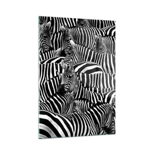 Cuadro sobre vidrio - Impresiones sobre Vidrio - Una manada de cebras en monocromo - 50x70cm - Retrato a rayas - Decoración de pared moderna para salón y dormitorio ARTTOR