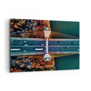 Cuadro sobre lienzo - Impresión de Imagen - Vista aérea del puente sobre el río y el paisaje otoñal. - 120x80cm - Más allá de las aguas, más allá de los bosques - Decoración de pared moderna para salón y dormitorio ARTTOR