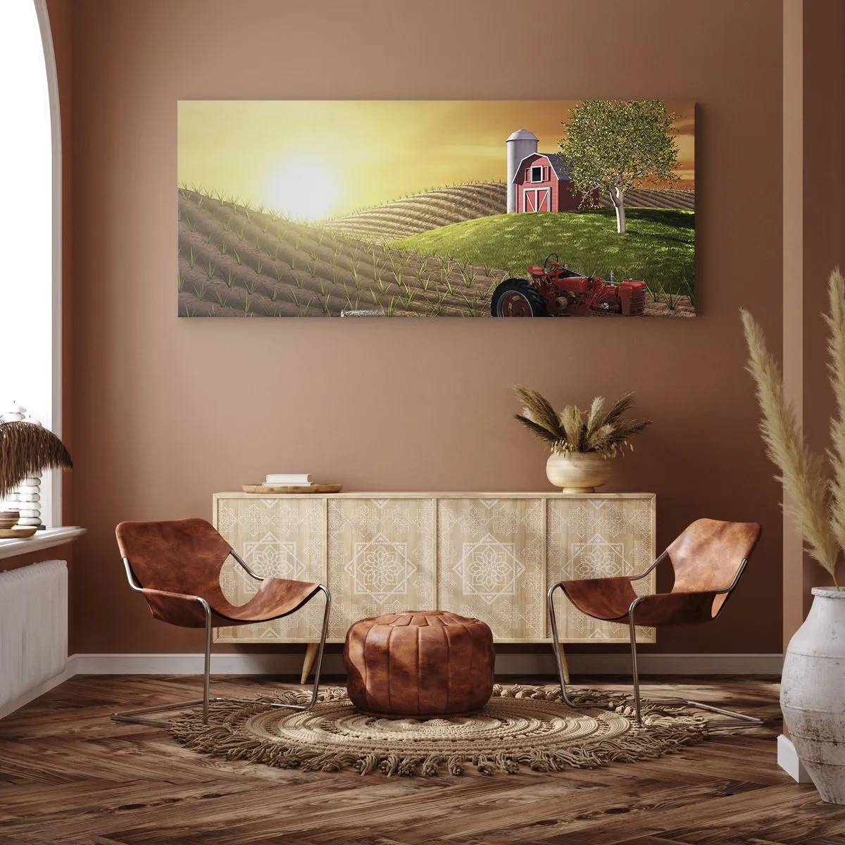 Cuadro sobre lienzo - Impresión de Imagen - Paisaje rural con un granero rojo, un tractor y el amanecer. - 160x50cm - Una granja como un cuento de hadas - Decoración de pared moderna para salón y dormitorio ARTTOR