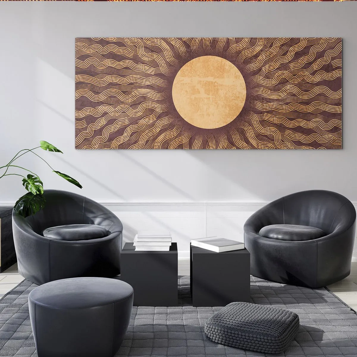 Cuadro sobre vidrio - Impresiones sobre Vidrio - Patrón soleado con rayos sobre un fondo en tonos marrones. - 120x50cm - Icono del sol - Decoración de pared moderna para salón y dormitorio ARTTOR