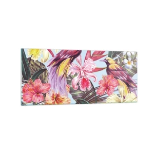 Cuadro sobre vidrio - Impresiones sobre Vidrio - Aves exóticas entre flores tropicales - 120x50cm - Pétalos y plumas - Decoración de pared moderna para salón y dormitorio ARTTOR