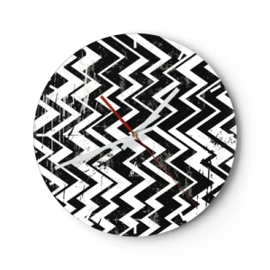 Reloj de pared - Reloj de vidrio - Patrón en zigzag en blanco y negro con un efecto artístico desgastado. - 30x30cm - Zig-blanco, zag-negro - Decoración de pared moderna para salón, cocina y dormitorio ARTTOR