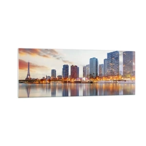 Cuadro sobre vidrio - Impresiones sobre Vidrio - Panorama de edificios modernos y la Torre Eiffel sobre el agua - 140x50cm - La calma monumental de París - Decoración de pared moderna para salón y dormitorio ARTTOR