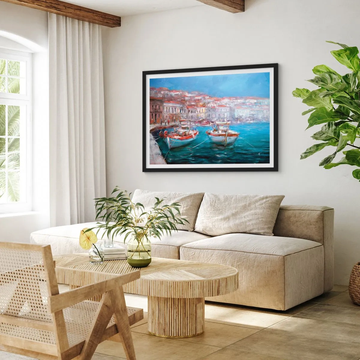 Póster en marco negro - Barcos en una pintoresca bahía italiana - 70x50cm - Bahía italiana - Decoración de pared moderna para salón y dormitorio ARTTOR
