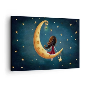 Cuadro sobre lienzo - Impresión de Imagen - Una niña en la luna rodeada de estrellas. - 70x50cm - Érase una vez... - Decoración de pared moderna para salón y dormitorio ARTTOR