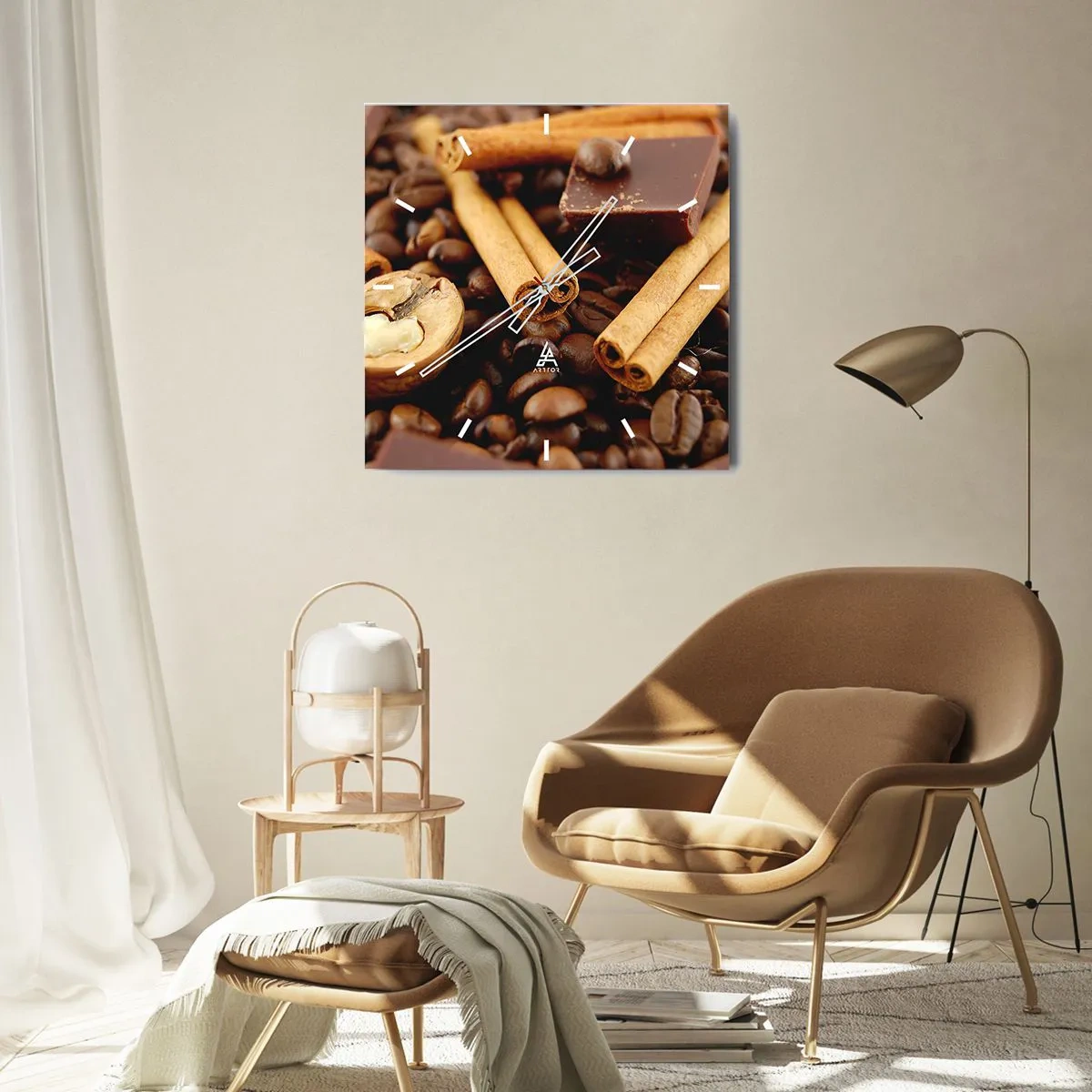 Reloj de pared - Reloj de vidrio - Granos de café con ramas de canela, chocolate y nueces. - 30x30cm - Concierto de aromas - Decoración de pared moderna para salón y dormitorio ARTTOR