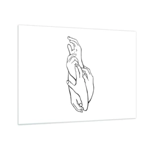 Cuadro sobre vidrio - Impresiones sobre Vidrio - Un sutil dibujo lineal de manos entrelazadas sobre un fondo blanco. - 70x50cm - El tacto - Decoración de pared moderna para salón y dormitorio ARTTOR