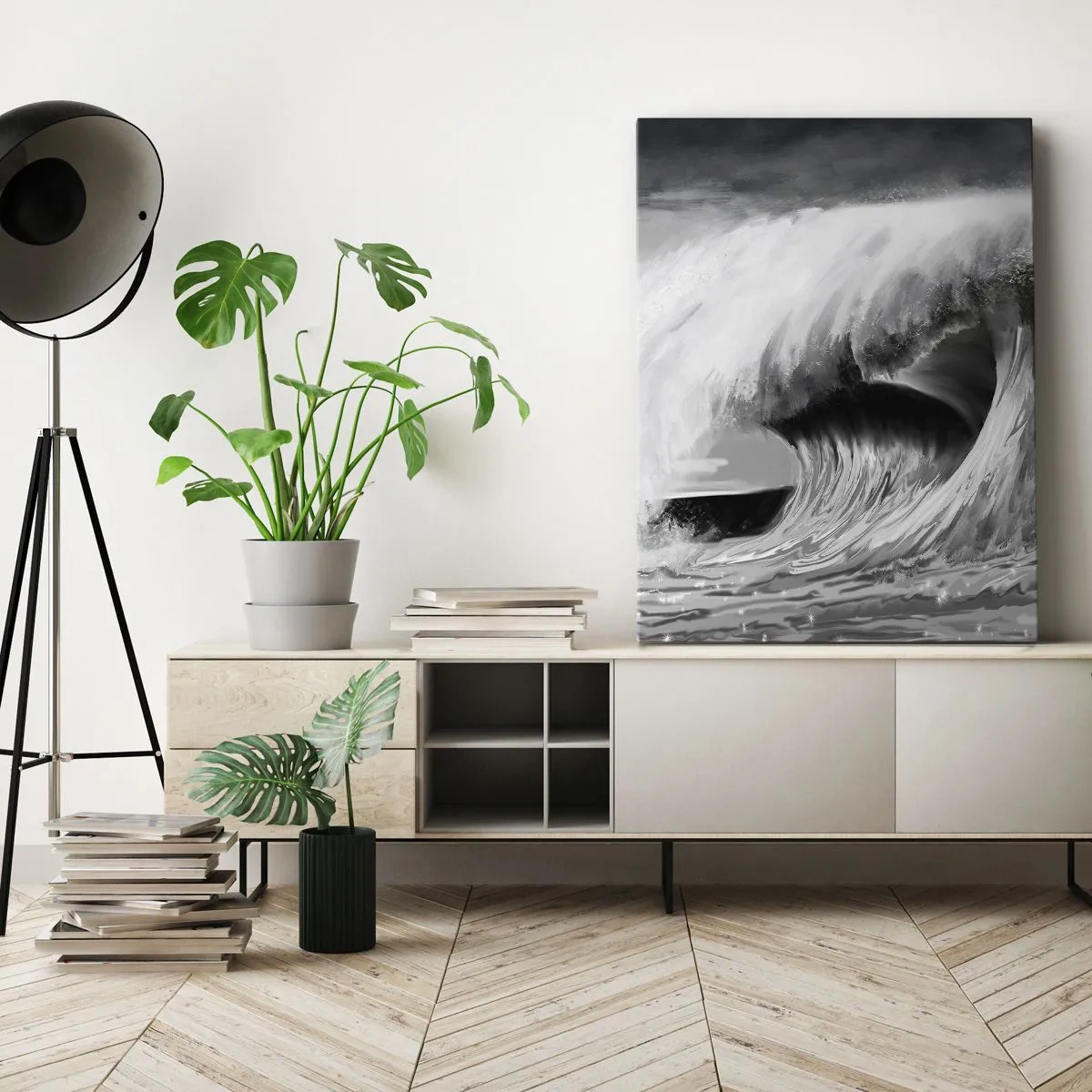 Cuadro sobre lienzo - Impresión de Imagen - Ola oceánica dramática en monocromo - 50x70cm - La ira del océano - Decoración de pared moderna para salón y dormitorio ARTTOR