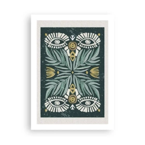 Póster - Patrón simétrico con hojas y ojos sobre un fondo oscuro. - 50x70cm - Como un recorte folclórico - Decoración de pared moderna para salón y dormitorio ARTTOR