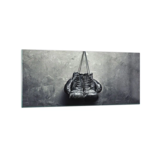 Cuadro sobre vidrio - Impresiones sobre Vidrio - Guantes de boxeo viejos contra la pared - 120x50cm - Tiempo de lucha y tiempo de paz - Decoración de pared moderna para salón y dormitorio ARTTOR