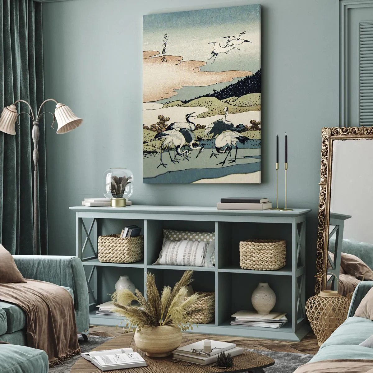 Cuadro sobre lienzo - Impresión de Imagen - Gráficos tradicionales japoneses con montañas y grúas. - 80x120cm - Alma japonesa - Decoración de pared moderna para salón y dormitorio ARTTOR