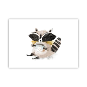 Póster - Adorable mapache sosteniendo una taza de color pastel - 100x70cm - Mi amigo mapache - Decoración de pared moderna para salón y dormitorio ARTTOR