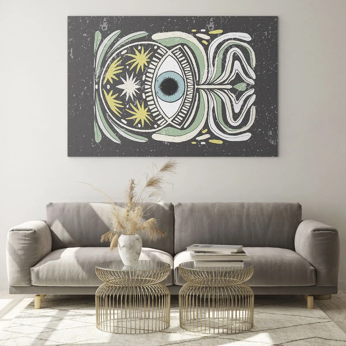 Cuadro sobre vidrio - Impresiones sobre Vidrio - Ojo gráfico con ornamentación tribal sobre un fondo oscuro. - 70x50cm - Rituales tribales - Decoración de pared moderna para salón y dormitorio ARTTOR